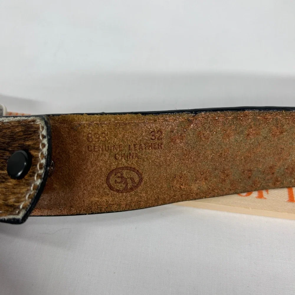 Western Brown Calf Hair Rhinestone Studded Belt – Silver Ornate Buckle (Size 32)